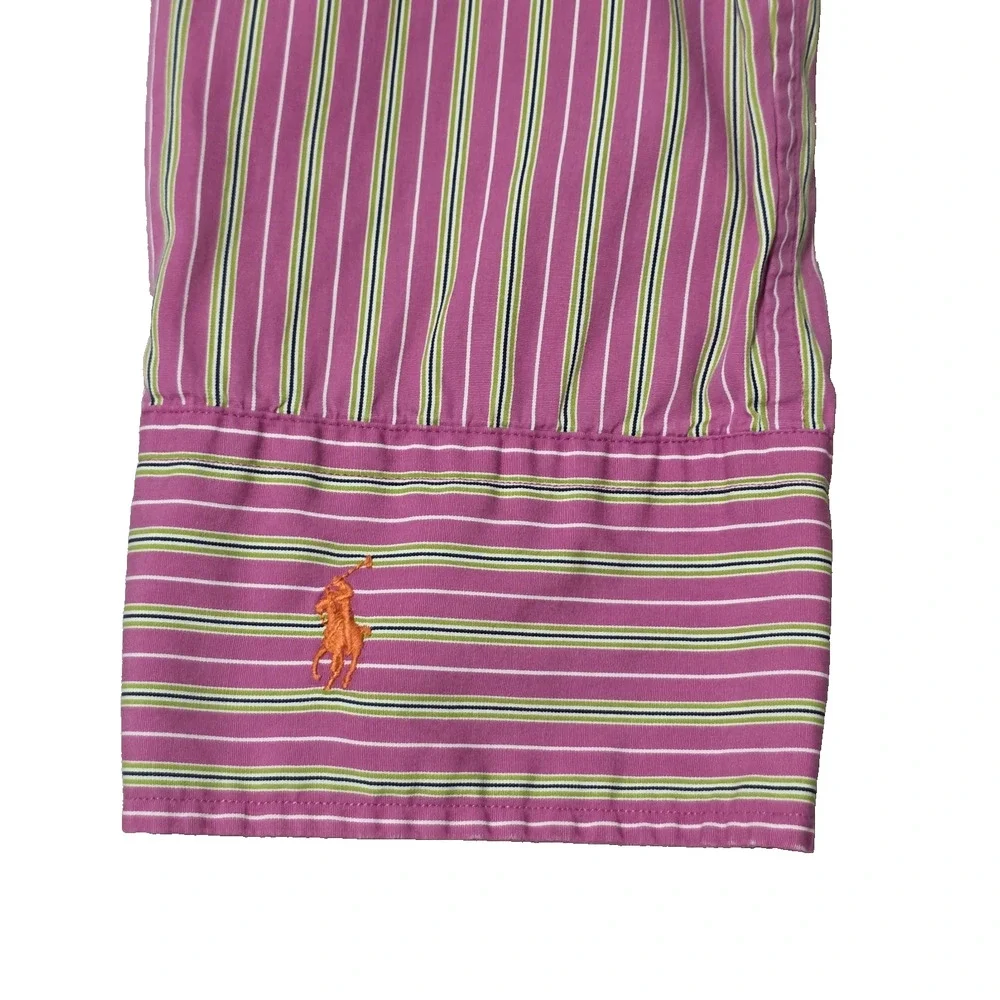 Ralph Lauren Big Girls Size 14 Button Down Shirt Pink Green Navy Striped Pony